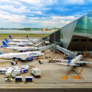 JetBlue planes in front of Terminal B at LaGuardia Airport, New York