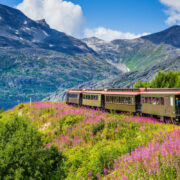 Alaska train passing through mountains in Skagway