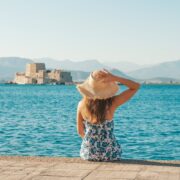 Female tourist posing in front of Nafplio