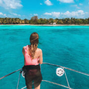 Young Woman Admiring A View Of An Island In The Caribbean Sea, Belize
