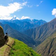 Traveler walking the Inca Trail in Peru on a sunny day